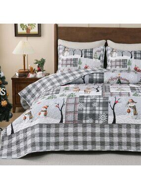 Rustic Christmas Quilt Set Queen - 3 Piece Patchwork Bedding for Cozy Winter
